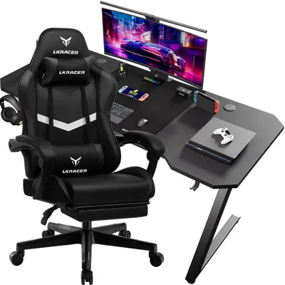 Produktbild von Gaming Schreibtisch & Gaming Stuhl Set - Z12 + LRF300 - Leder + Carbonfaser - Modernes Design - Montage erforderlich - Rosa