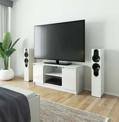Produktbild von TV Lowboard – TV Schrank – TV Ständer – TV Tisch – 120 cm – Weiß / Hochglanz – Funktionale Medienaufbewahrung mit Klapptüren