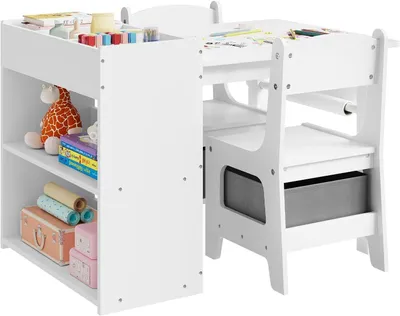 Produktbild von WOLTU Kindersitzgruppe Kindertisch mit 2 Stühlen Stauraum Papierrolle, Weiß