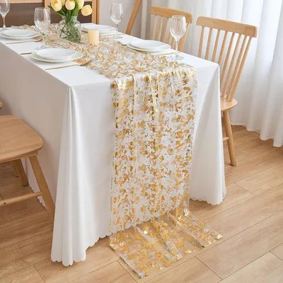 Obrázok produktu pre Zlatnícka dekorácia na stôl v štýle vintage – zlatý šifónový behúň na stôl, 70 cm x 3 m