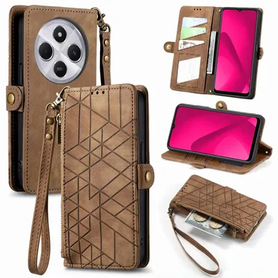 Image de Étui de protection en similicuir avec fermeture à glissière et dragonne pour Xiaomi Redmi 14C 4G, couleur marron