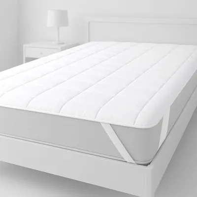 A white mattress topper is shown on a white bed frame against a white background.