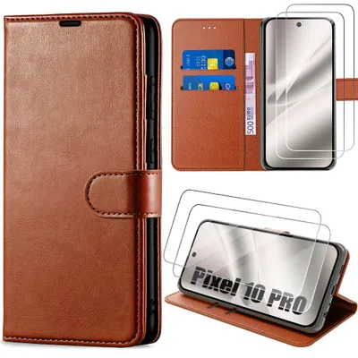 Image de Coque + 2 Verres Trempés pour Google Pixel 10 Pro, Protection Intégrale Antichoc Synthécuir Marron