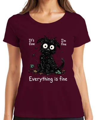 Immagine prodotto di Va bene, sto bene, tutto è a posto. T-shirt da donna "Hund Statement", con scritta sarcastica, colore bordeaux, taglia S