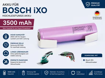 Produktbild von Ersatz Akku für Bosch IXO / ISIO mit mehr Kapazität 3450mAh aus Samsung 35E