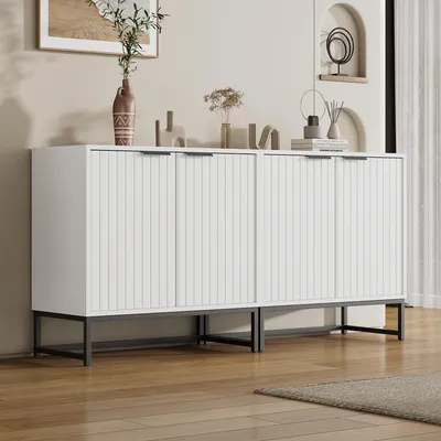 Image de MODFU Buffet de Rangement Blanc - Bahut Moderne en Bois et Métal avec 2 Portes et 2 Tiroirs, Meuble pour Salon ou Cuisine - 160x40x80 cm
