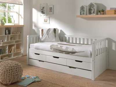Produktbild von Vipack - Kojen Bett Fritz mit Sprossenumrandung, 3 Schubladen u. Rolllattenrost, Liegefläche 90 x 200, inkl. Bettschublade, Ausf. Weiß lackiert