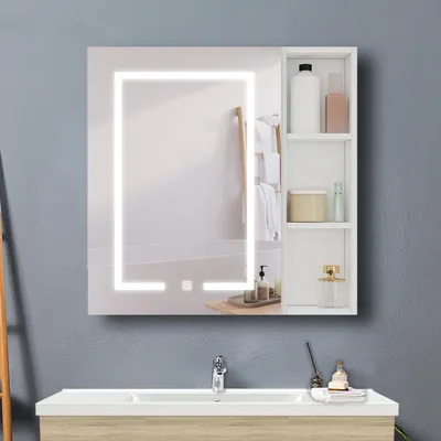 Produktbild von LED Spiegelschrank mit Seiteschrank 60x70cm 3 Lichtfarbe Dimmbar Rasier-Steckdose Touch/Wandschalter Beschlagfrei Weiß Matt