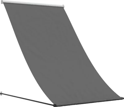 A gray retractable awning is shown against a white background.