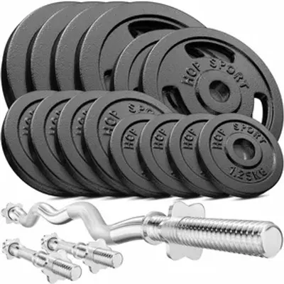 Produktbild von Hop-Sport Guss Hantel-Set 77kg  SZ-Stange Kurzhantelstange 30mm, 1x Curlstange, 2x Kurzhanteln, 4x10kg, 2x5kg, 4x2,5kg, 4x1,25kg