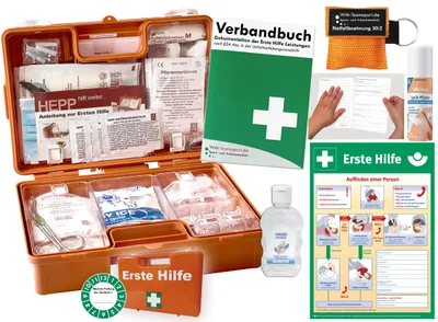 Produktbild von Verbandskasten (K) Typ CSN - INKL. 90° ARR. -Paket 2- Erste Hilfe DIN 13157 (Betriebe) INKL. Hygiene-Gel + Beatmungshilfe + Sprühpflaster + Aushang