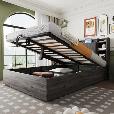 Productafbeelding van Houten bed 140x200 cm met hydraulische opbergruimte, gestoffeerd hoofdeinde, opbergvakken en USB-C oplaadpoorten, tweepersoonsbed met opbergruimte, grijs, zonder matras