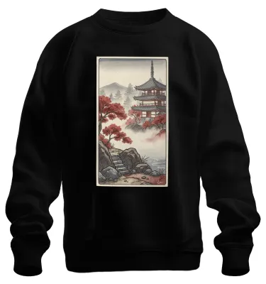 Productafbeelding van Japanse pagode, rode esdoornbomen, bergtempel, Zen-kunst, Ukiyo-e sweatshirt, trui, zwart, maat XL
