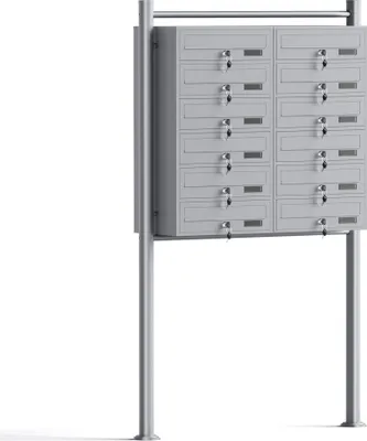 Produktbild von Wiltec 12er Briefkastenanlage silberfarben 945 x 270 x 1500 mm, Standbriefkasten mit 2x6 Fächern, Schlüssel und Namensschild, Briefkasten Postkasten mit Ständer