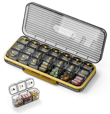 Image de Boîte à pilules pour 7 jours, avec compartiments pour le matin, le midi et le soir. Boîte à médicaments portable avec 3 compartiments, idéale pour les vitamines. Couleur : noir