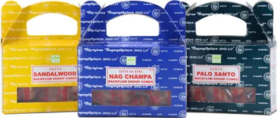 Produktbild von 3er Set Rückfluss Räucherkegel für den Wasserfall Effekt, 24 handgerollte Kegel aus Indien für Entspannung und Meditation (Sandelholz + Nag Champa + Palo Santo)