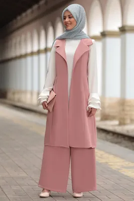 Produktbild von Abendkleid Zweiteilges Outfit Jäckchen & Hose Lang Hijab Rosa 48 Tesettür S-981