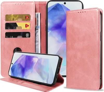 Zdjęcie produktu dla Etui Smartphonica na telefon Samsung Galaxy A55 ze sztucznej skóry z magnetycznym zapięciem i etui na karty z klapką - różowe