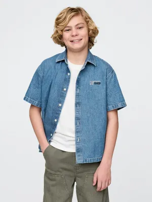 Produktbild von GAP Blaues Kurzarm Jeanshemd für Jungen und Mädchen Größe M Hüftlänge
