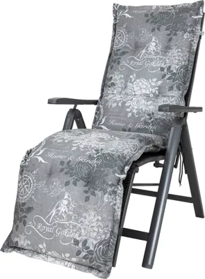 A gray recliner chair cushion with a floral and text pattern, shown against a white background.