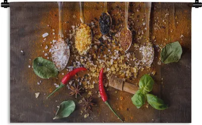 Produktbild von MuchoWow® Wandteppich Wandbehang Löffel - Kräuter - Chili - Gewürze - Salz 90x60 cm Tapisserie Dekoration Wandtuch - Wandskulpturen - Bildteppich