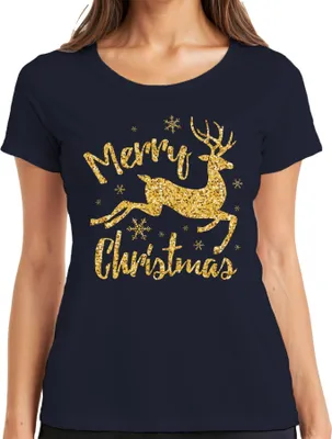 Produktbild von Merry Christmas Rentier Glitzereffekt - Weihnachten Weihnachtsgeschenk Christmas Damen T-Shirt, Navy, S
