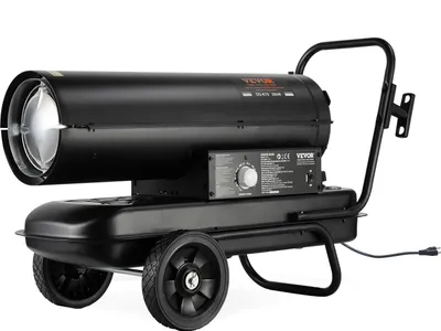 A black kerosene/diesel heater with wheels and a handle, shown from a side angle against a white background.