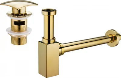 Produktbild von Mexen quadratischer Waschbecken-Halbsiphon mit Klick-Klack-Stöpsel, mit Überlauf, Gold - 7992660-50