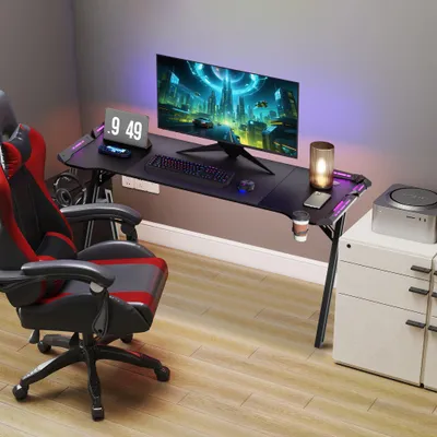 Produktbild von LZQ Gaming Tisch LED 140cm x 60cm, Gamer Schreibtisch Kopfhörerhaken & Kohlebeschichtung Ergonomischer PC Computertisch Stabiler Tisch mit Getränkehalter, Schwarz