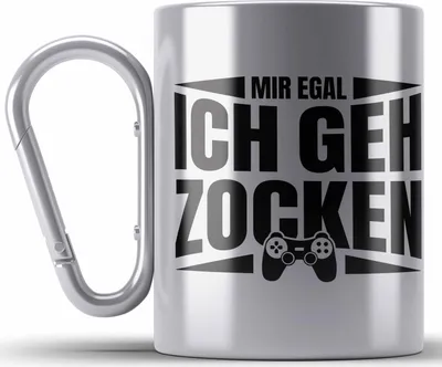 Produktbild von Trendation - Zocker Edelstahl Tasse Karabiner Geschenk Mir Egal Ich Geh Zocken Gamer Geschenkidee (Silber)