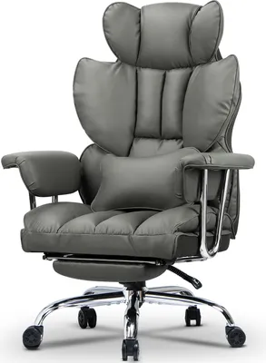 A gray ergonomic office chair with a footrest and lumbar support pillow.