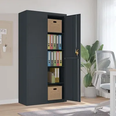 Productafbeelding van Metalen kast met slot, archiefkast, gereedschapskast, metalen kast, kledingkast, kantoorkast, afsluitbaar, stalen kast - antraciet - 90 x 40 x 180 cm