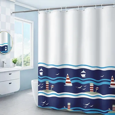 Produktbild von Duschvorhang 180 x 200 cm mit Haken, schnelltrocknend (Bootsmuster) – wasserdichtes Polyestergewebe – maschinenwaschbar