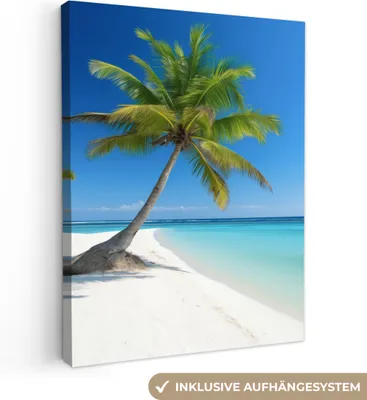 Produktbild von MuchoWow® - Leinwandbilder - Strand - Palme - Tropisch - Meer, Wandbild, Wanddeko Bilder Wohnzimmer, 60x80 cm