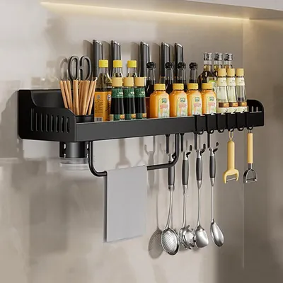 Produktbild von Küchenhängeset für Kräuter ohne Bohren - Organizer für Gewürze, mit Schneidspalte, 6 Haken, Becher und Messerhalter - Schwarz, 40 cm