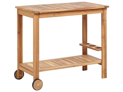 A wooden serving cart with two shelves and wheels, shown against a white background.