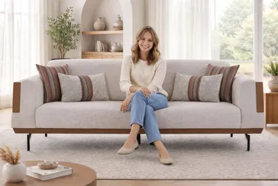 Immagine prodotto di Comodo divano imbottito beige, divano moderno in tessuto, divano di design a 3 posti