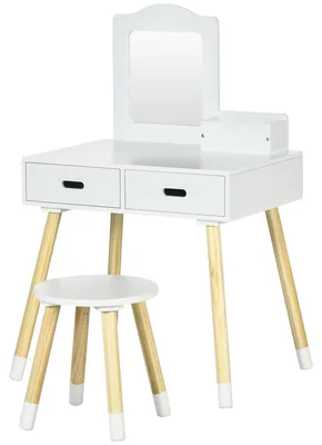 Produktbild von Kinderschminktisch-Set mit Schminktisch und Hocker, Spiegel und 2 Schubladen, wei? und holzfarben