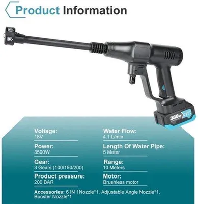 Image de Nettoyeurs haute pression automatiques - 6 en 1 - 18V - 200 bars - Sans fil - Moteur sans balais - Noir