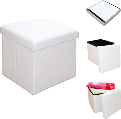 A collage of images showing a white storage ottoman from different angles and in use.