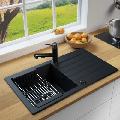 Produktbild von MIT KORB - Rein Schwarz LINDBERGH® Antibakterielle Granit Spüle "MEG44" + "Korb" Einbauspüle Küchenspüle Spülbecken