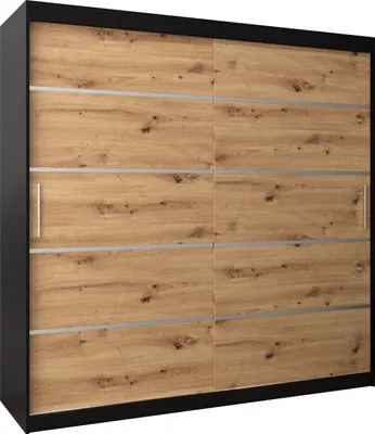 A full-front view of a sliding door wardrobe with a wood-grain finish and black frame.