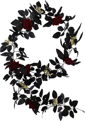 Image de Guirlande de roses noires, 180 cm de décoration pour Halloween avec fleurs en soie et baies en mousse, 2 paquets pour l'intérieur et les murs