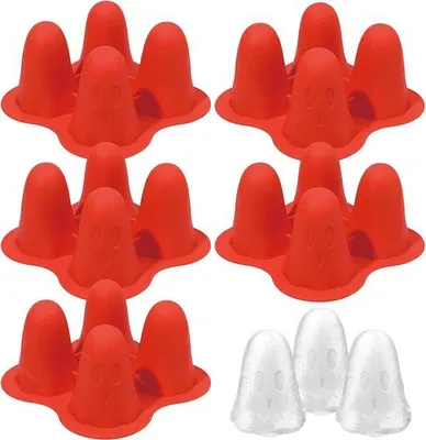 Imagen del producto de 5 moldes para hacer cubitos de hielo - Moldes de silicona - Molde para pastel de silicona - Diseño de fantasma - Cubitos de hielo - Fantasmas - Decoración para pasteles - Decoración de Halloween - Perfecto para Halloween - Color rojo