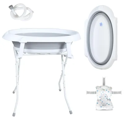 Produktbild von Ikodm Faltbare Baby Badewanne mit Ständer, Badematte, Ablaufschlauch und Temperaturstopfen, 0–3 Monate, Grau