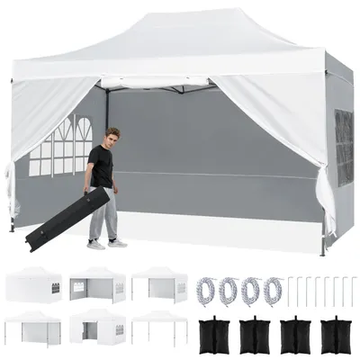 Zdjęcie produktu dla COSTWAY Altana typu pop-up 3x4,5 m, altana składana, wodoodporna, odporna na zimę, z 4 ściankami bocznymi, workami z piaskiem i torbą na kółkach, altana ogrodowa z regulowaną wysokością, biała