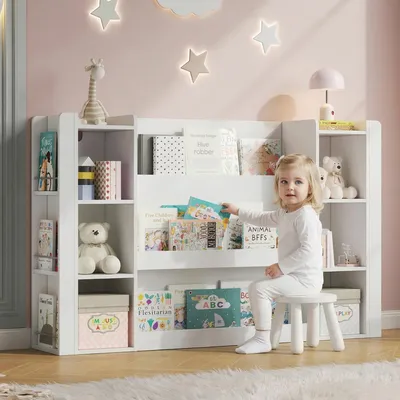 Image de Étagère pour enfants Clinvia, étagère à livres illustrés avec espace de rangement, armoire et étagère à livres pour enfants, meubles en bois pour chambre d'enfant, blanc, 140 x 30 x 95 cm