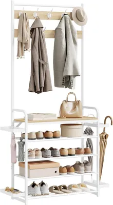 Produktbild von WOLTU Kleiderständer, Garderobenständer mit Schuhregal, 9 Doppelhaken, Seitenablageschalen : Helle Eiche+Weiß Farbe: Helle Eiche+Weiß