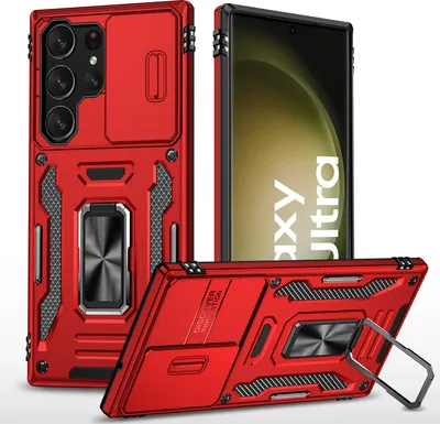 Produktbild von Galaxy S23 Ultra Hülle, Schiebe Kamera Schutz und Ringhalter Ständer Dual Layer Stoßfest Schutzhülle für Samsung Galaxy S23 Ultra