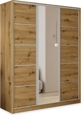Produktbild von Masseno Schiebetürenschrank PINA 150/205/58 cm Kleiderschrank mit 4 Schubladen Schlafzimmer Schrank 3-türig mit Spiegel Eiche Artisan